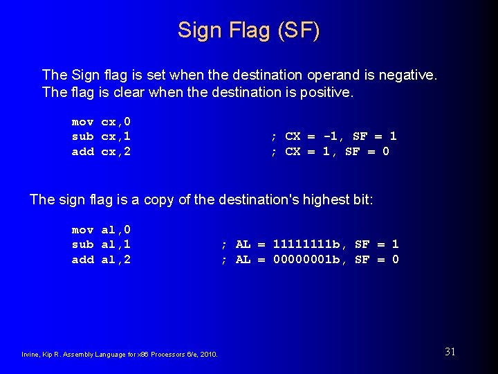 Sign Flag (SF) The Sign flag is set when the destination operand is negative.