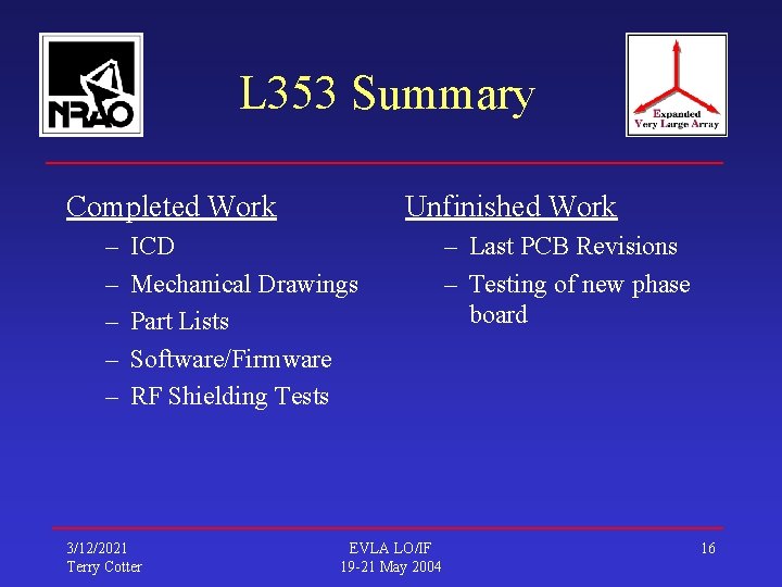 L 353 Summary Completed Work – – – Unfinished Work ICD Mechanical Drawings Part