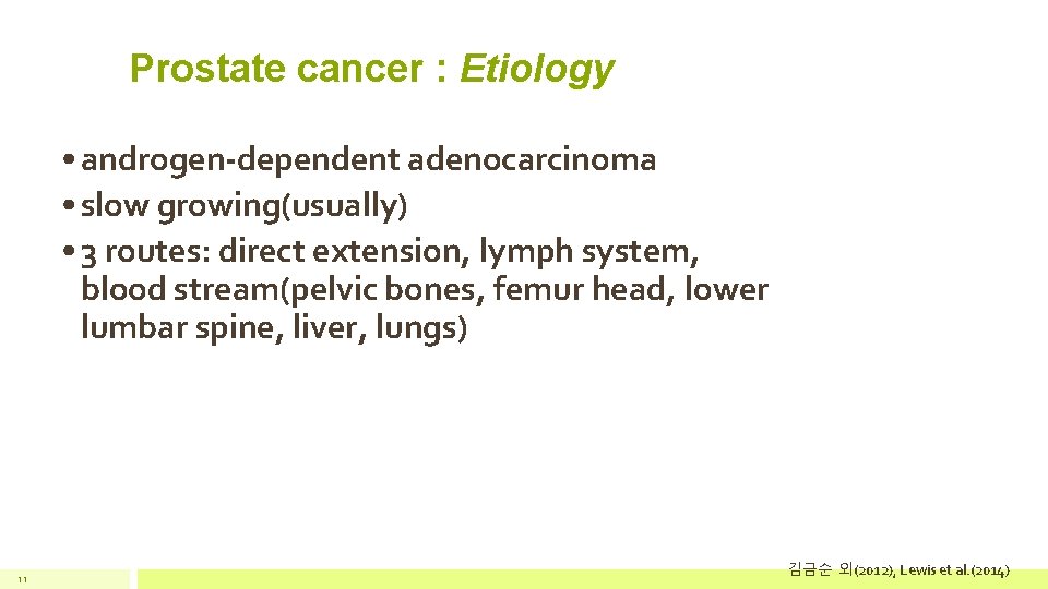 Prostate cancer : Etiology • androgen-dependent adenocarcinoma • slow growing(usually) • 3 routes: direct