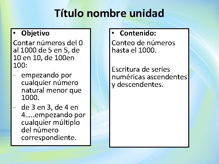 Título nombre unidad • Objetivo Contar números del 0 al 1000 de 5 en