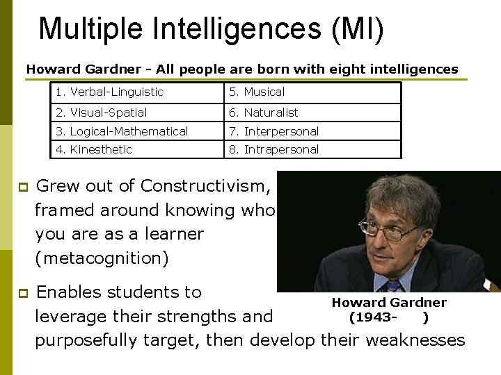 Multiple Intelligences (MI) Howard Gardner - All people are born with eight intelligences 1.