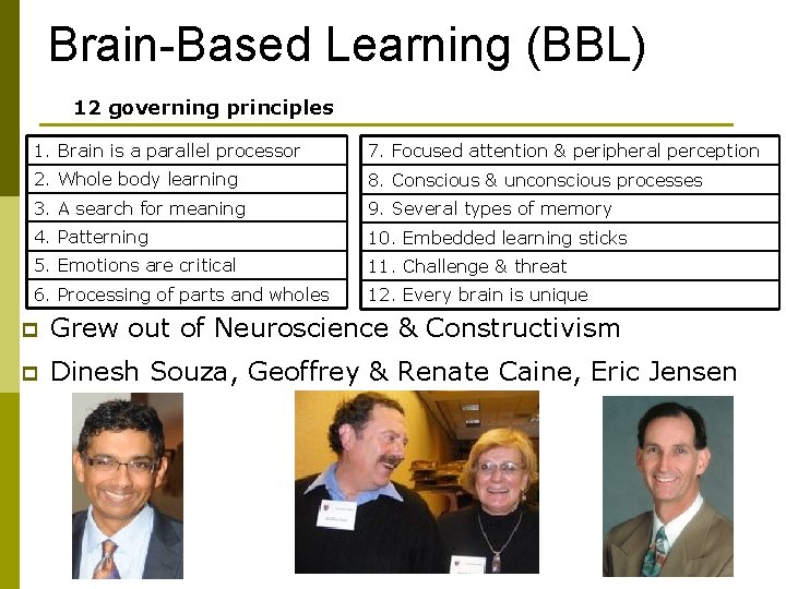 Brain-Based Learning (BBL) 12 governing principles 1. Brain is a parallel processor 7. Focused
