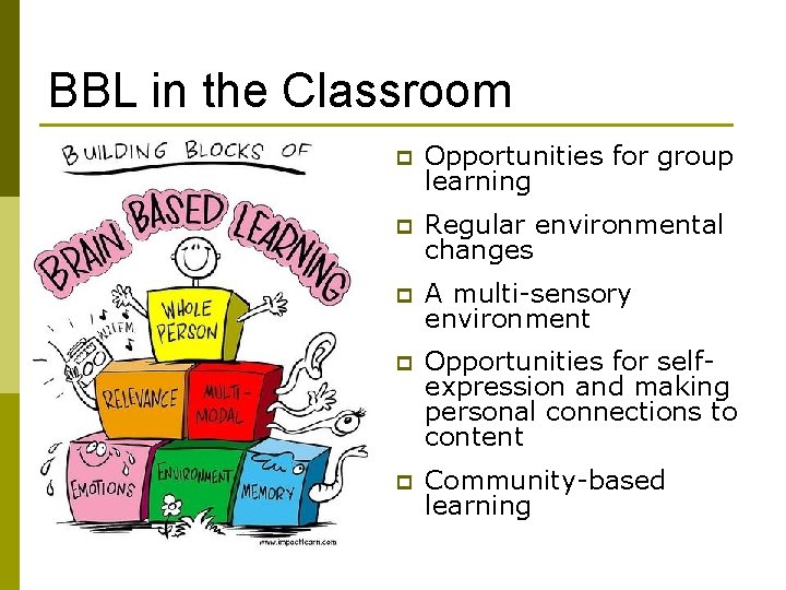 BBL in the Classroom p Opportunities for group learning p Regular environmental changes p
