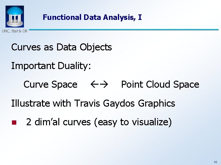 Functional Data Analysis, I UNC, Stat & OR Curves as Data Objects Important Duality: