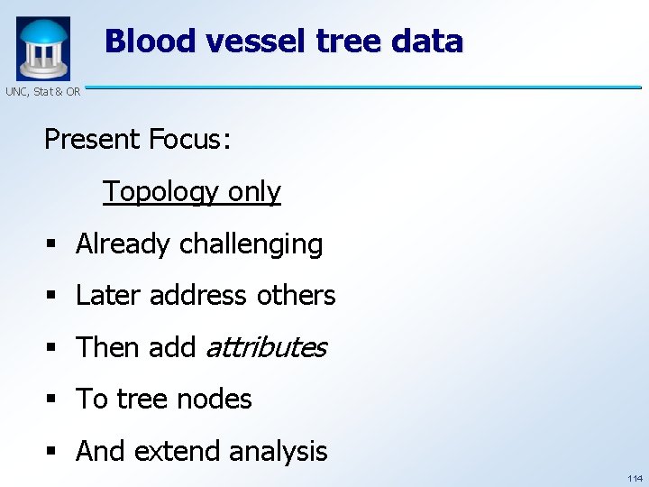 Blood vessel tree data UNC, Stat & OR Present Focus: Topology only § Already