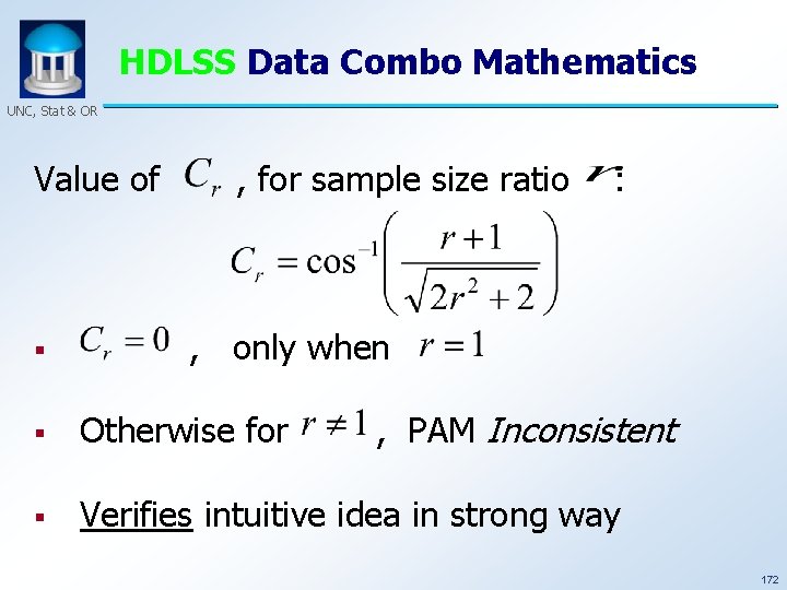 HDLSS Data Combo Mathematics UNC, Stat & OR Value of § , for sample