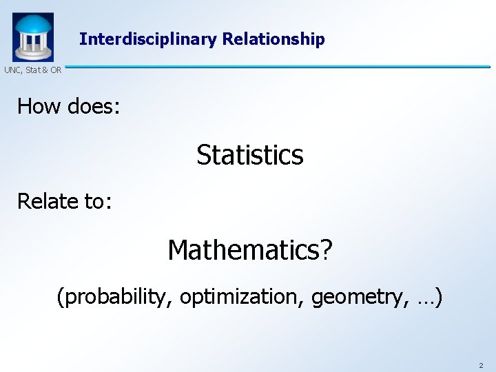 Interdisciplinary Relationship UNC, Stat & OR How does: Statistics Relate to: Mathematics? (probability, optimization,