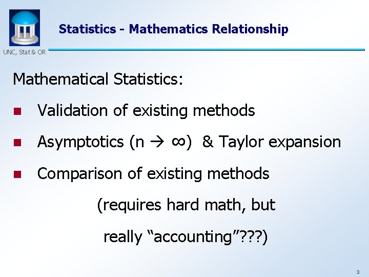 Statistics - Mathematics Relationship UNC, Stat & OR Mathematical Statistics: n Validation of existing