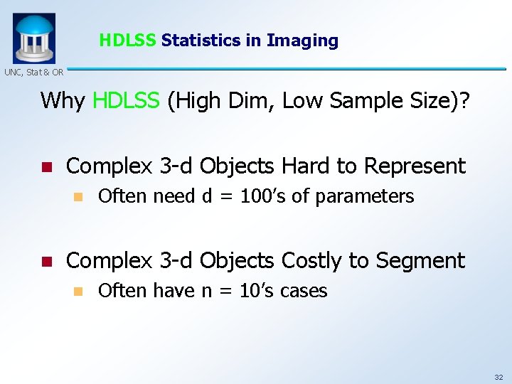 HDLSS Statistics in Imaging UNC, Stat & OR Why HDLSS (High Dim, Low Sample