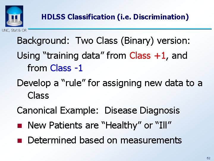 HDLSS Classification (i. e. Discrimination) UNC, Stat & OR Background: Two Class (Binary) version: