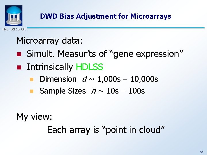 DWD Bias Adjustment for Microarrays UNC, Stat & OR Microarray data: n Simult. Measur’ts