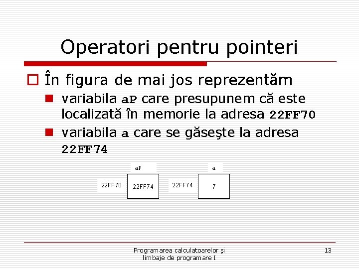 Operatori pentru pointeri o În figura de mai jos reprezentăm n variabila a. P Operatori pentru pointeri o În figura de mai jos reprezentăm n variabila a. P