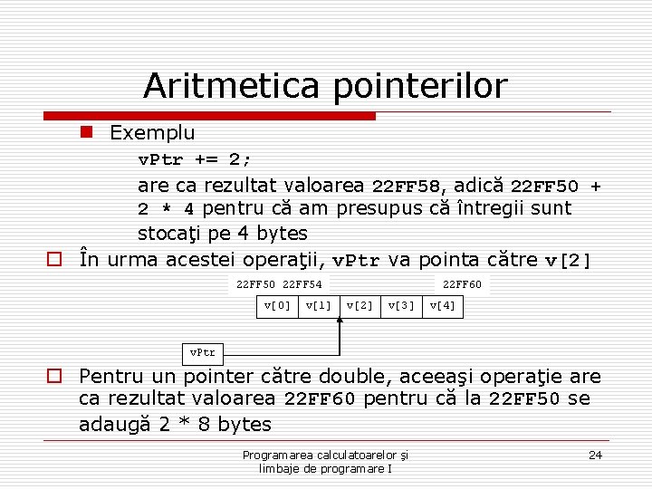 Aritmetica pointerilor n Exemplu v. Ptr += 2; are ca rezultat valoarea 22 FF