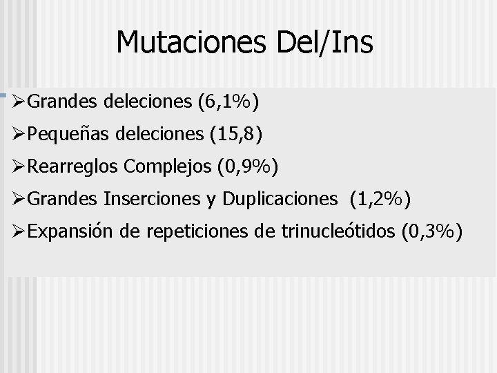 Mutaciones Del/Ins ØGrandes deleciones (6, 1%) ØPequeñas deleciones (15, 8) ØRearreglos Complejos (0, 9%)