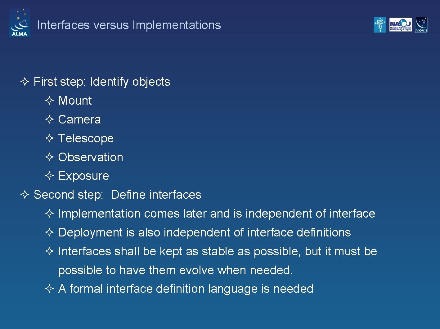 Interfaces versus Implementations ² First step: Identify objects ² Mount ² Camera ² Telescope