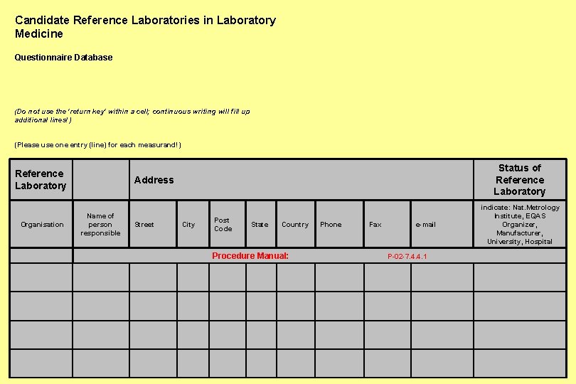 Candidate Reference Laboratories in Laboratory Medicine Questionnaire Database (Do not use the 'return key'