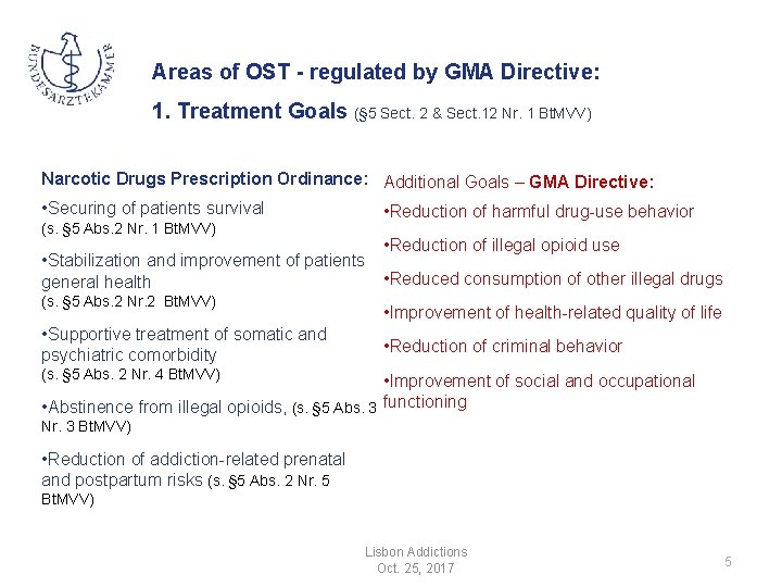 Areas of OST - regulated by GMA Directive: 1. Treatment Goals (§ 5 Sect.