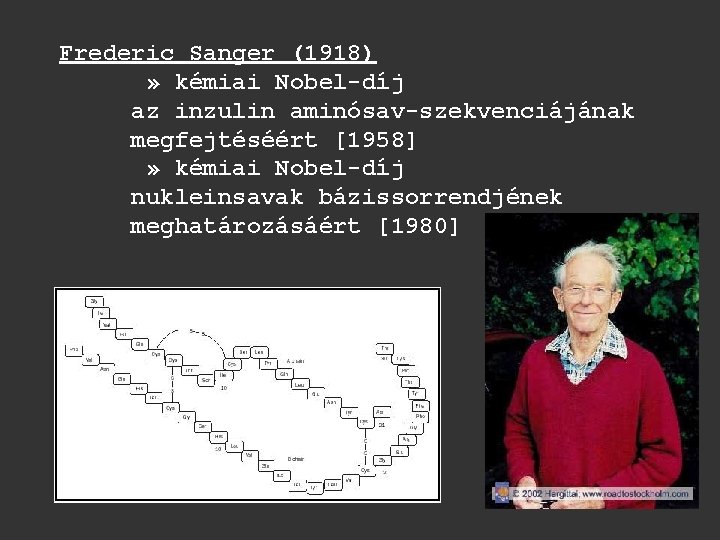 Frederic Sanger (1918) » kémiai Nobel-díj az inzulin aminósav-szekvenciájának megfejtéséért [1958] » kémiai Nobel-díj