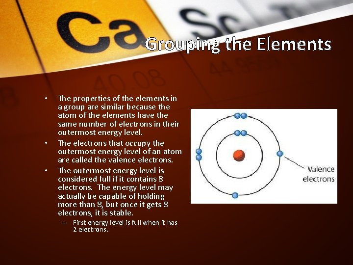 Grouping the Elements • • • The properties of the elements in a group