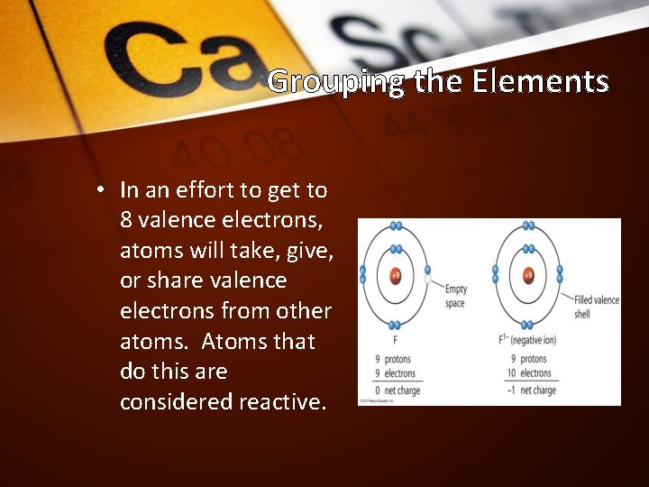 Grouping the Elements • In an effort to get to 8 valence electrons, atoms