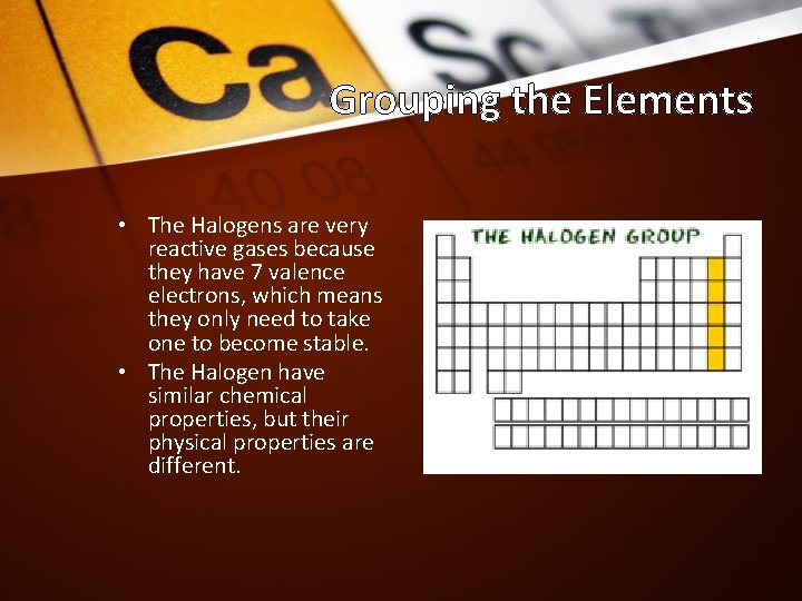 Grouping the Elements • The Halogens are very reactive gases because they have 7