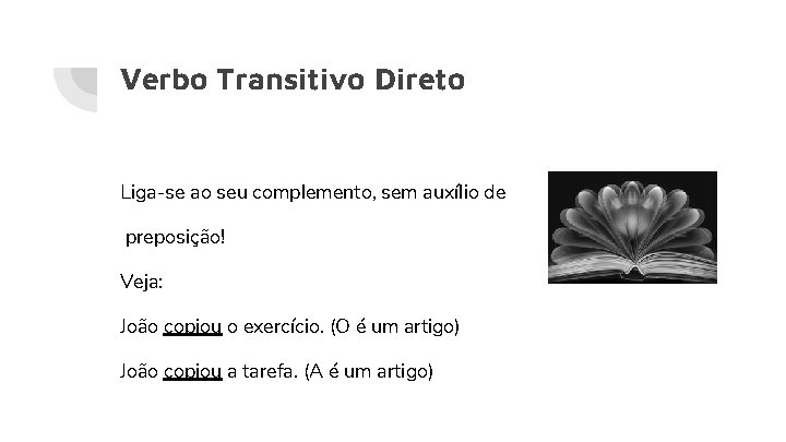 Verbo Transitivo Direto Liga-se ao seu complemento, sem auxílio de preposição! Veja: João copiou