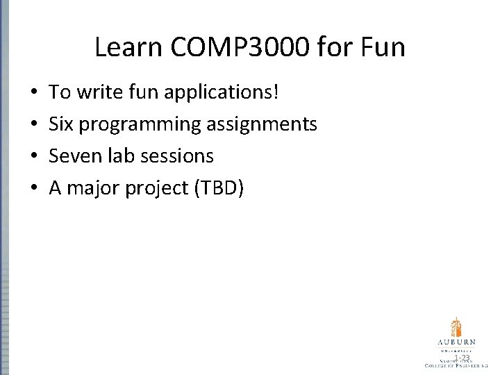 Learn COMP 3000 for Fun • • To write fun applications! Six programming assignments