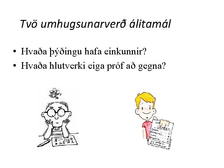 Tvö umhugsunarverð álitamál • Hvaða þýðingu hafa einkunnir? • Hvaða hlutverki eiga próf að