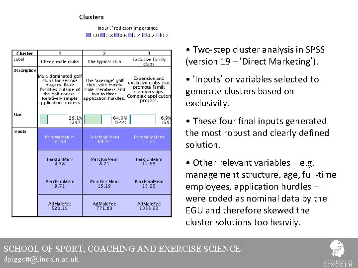  • Two-step cluster analysis in SPSS (version 19 – ‘Direct Marketing’). • ‘Inputs’