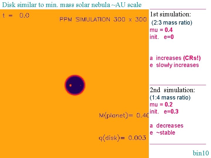 Disk similar to min. mass solar nebula ~AU scale ________ 1 st simulation: (2: