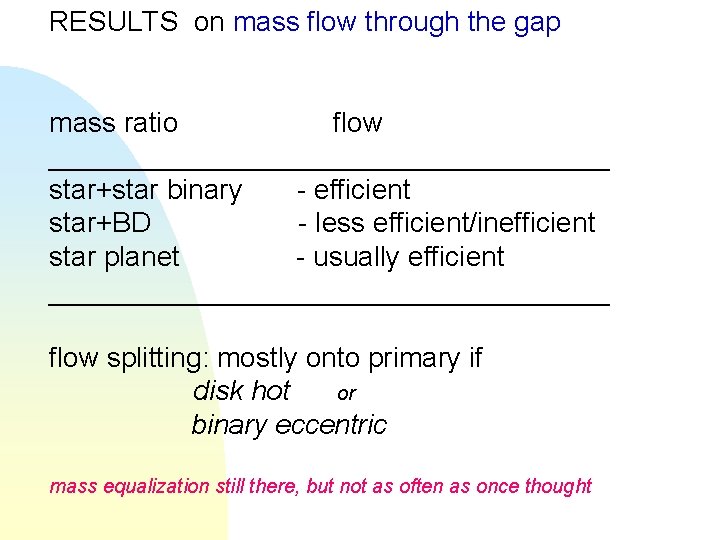 RESULTS on mass flow through the gap mass ratio flow __________________ star+star binary -