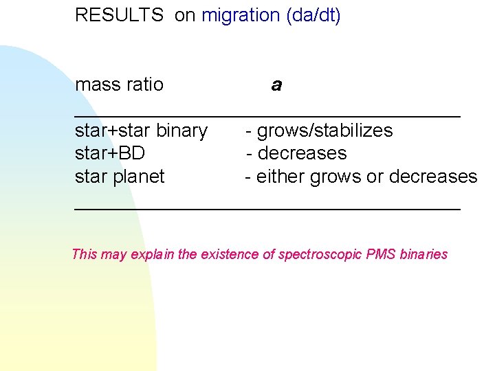 RESULTS on migration (da/dt) mass ratio a __________________ star+star binary - grows/stabilizes star+BD -