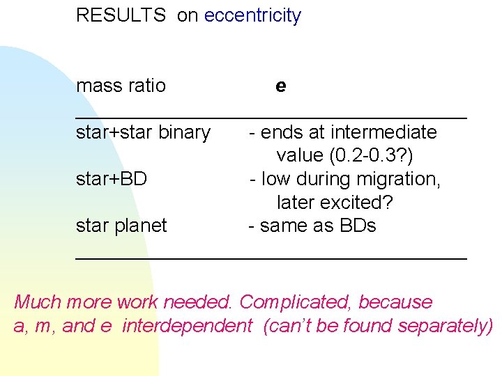 RESULTS on eccentricity mass ratio e __________________ star+star binary - ends at intermediate value