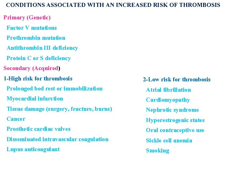CONDITIONS ASSOCIATED WITH AN INCREASED RISK OF THROMBOSIS Primary (Genetic) Factor V mutations Prothrombin