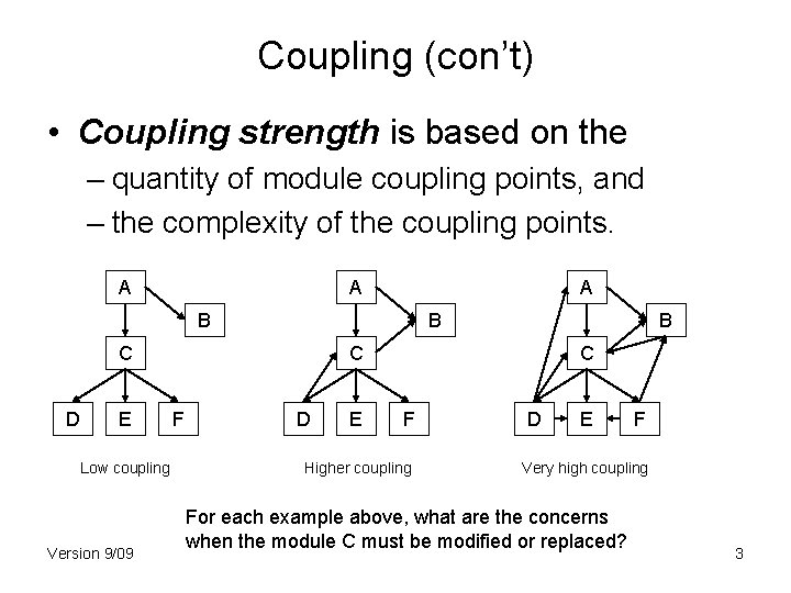 Coupling (con’t) • Coupling strength is based on the – quantity of module coupling