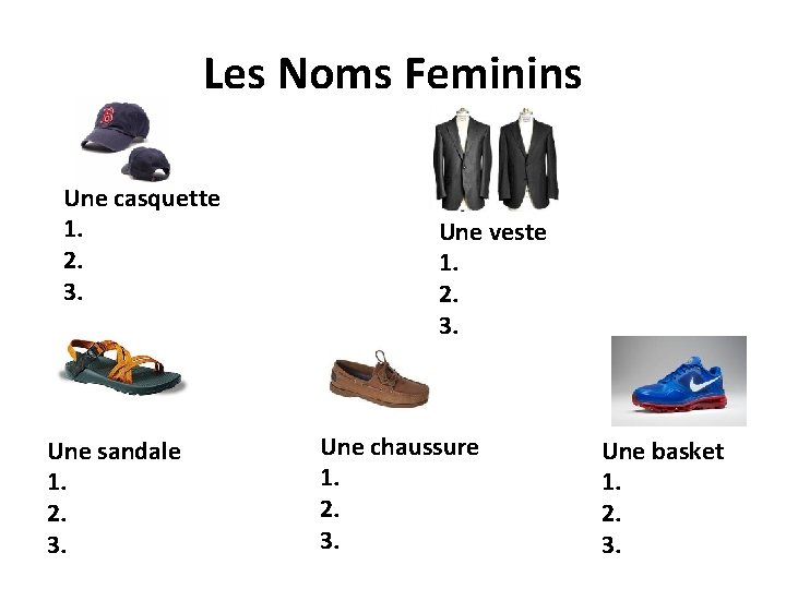 Les Noms Feminins Une casquette 1. 2. 3. Une sandale 1. 2. 3. Une