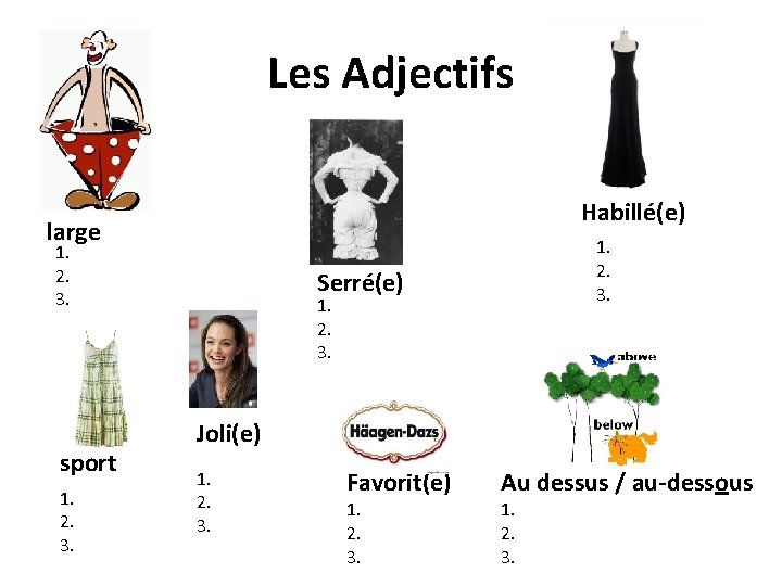 Les Adjectifs Habillé(e) large 1. 2. 3. sport 1. 2. 3. Serré(e) 1. 2.