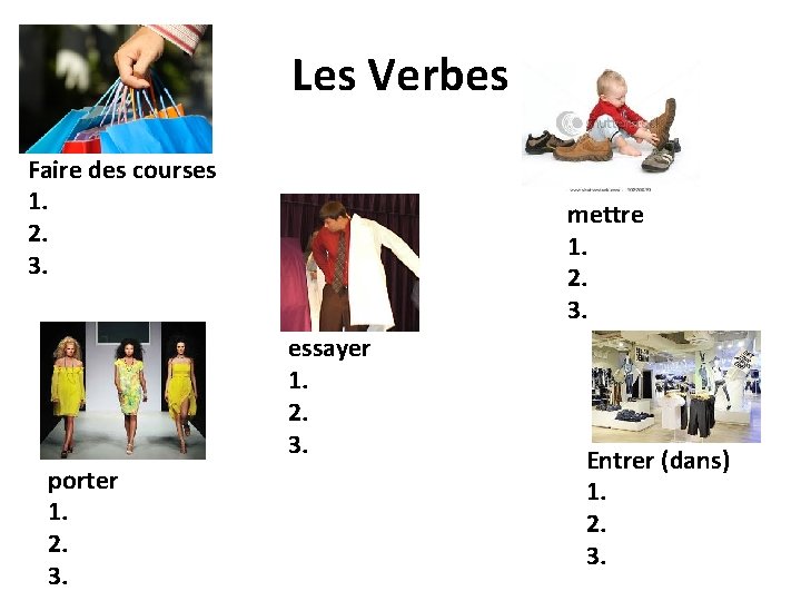 Les Verbes Faire des courses 1. 2. 3. mettre 1. 2. 3. essayer 1.