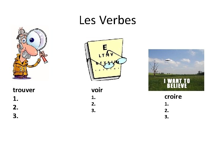 Les Verbes trouver 1. 2. 3. voir 1. 2. 3. croire 1. 2. 3.