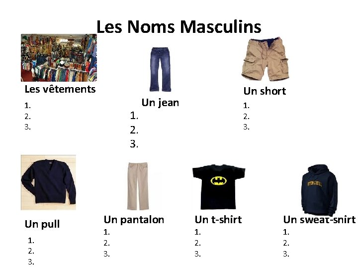 Les Noms Masculins Les vêtements 1. 2. 3. Un pull 1. 2. 3. Un