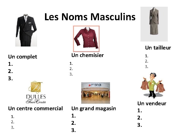 Les Noms Masculins Un tailleur Un complet 1. 2. 3. Un centre commercial 1.