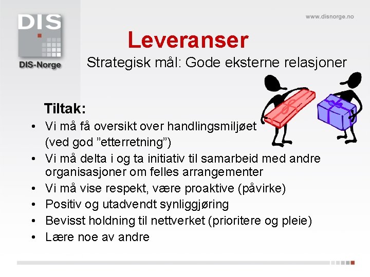 Leveranser Strategisk mål: Gode eksterne relasjoner Tiltak: • Vi må få oversikt over handlingsmiljøet