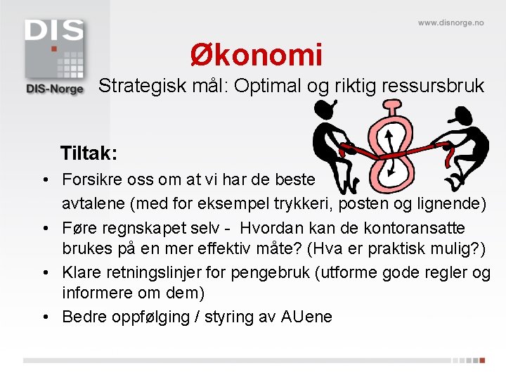 Økonomi Strategisk mål: Optimal og riktig ressursbruk Tiltak: • Forsikre oss om at vi