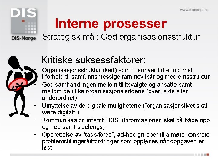 Interne prosesser Strategisk mål: God organisasjonsstruktur Kritiske suksessfaktorer: • Organisasjonsstruktur (kart) som til enhver