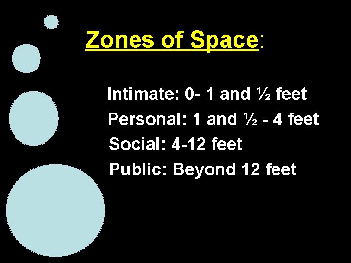 Zones of Space: Intimate: 0 - 1 and ½ feet Personal: 1 and ½