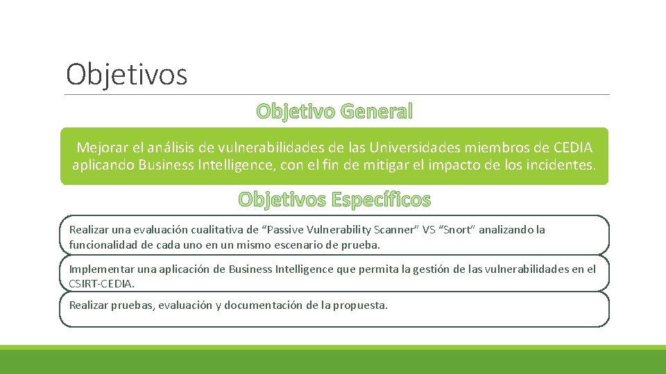 Objetivos Objetivo General Mejorar el análisis de vulnerabilidades de las Universidades miembros de CEDIA