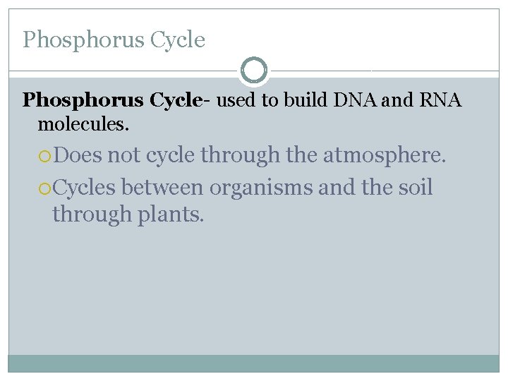 Phosphorus Cycle- used to build DNA and RNA molecules. Does not cycle through the