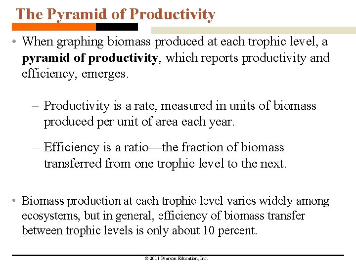 The Pyramid of Productivity • When graphing biomass produced at each trophic level, a