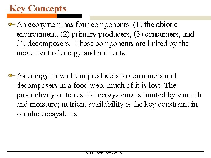 Key Concepts An ecosystem has four components: (1) the abiotic environment, (2) primary producers, Key Concepts An ecosystem has four components: (1) the abiotic environment, (2) primary producers,