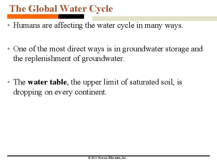 The Global Water Cycle • Humans are affecting the water cycle in many ways. The Global Water Cycle • Humans are affecting the water cycle in many ways.
